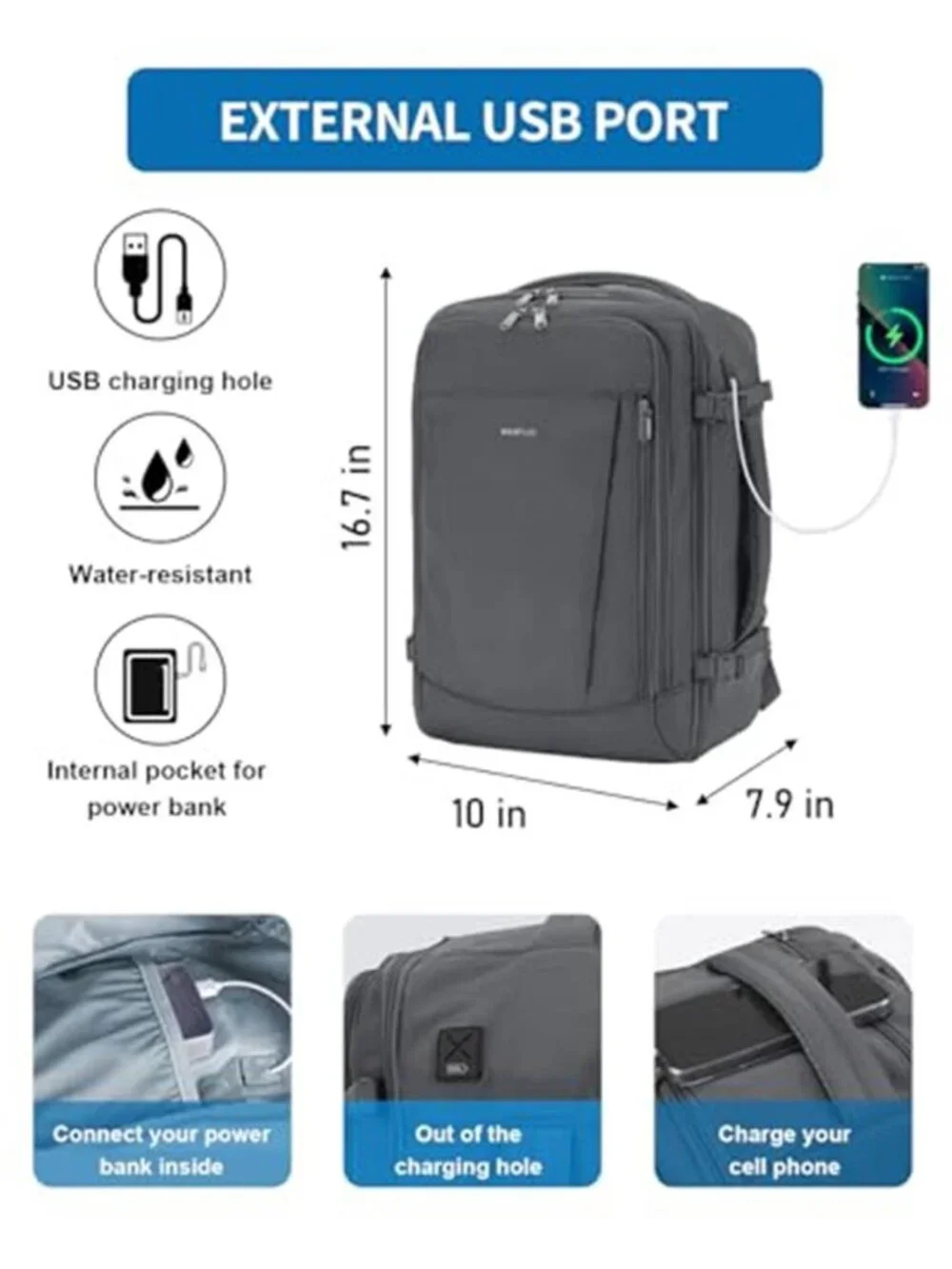 17 Inch Travel Backpack Carry On Personal Item USB Port Water Resistant Grey